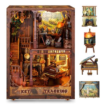 FUNPOLA 3D Puzzle Book Nook Kit, Wooden Puzzle, DIY Miniature Dollhouse, LED Bookshelf Organizer, Bookends, Display, Craft Set, 375 Pieces, for