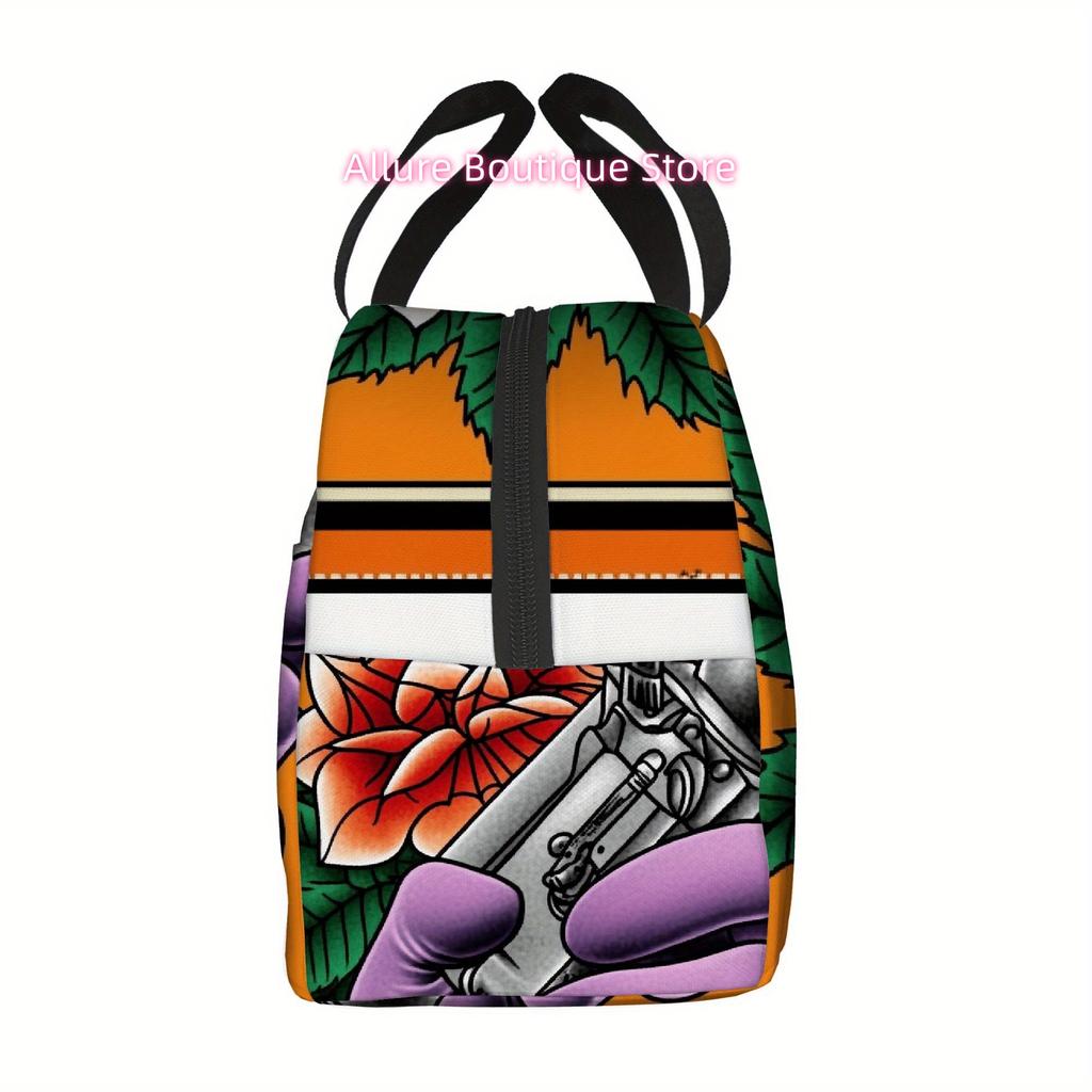 1pc Tattoo Art Thermal Insulated Bag with Rose & Needle Design - Vibrant Orange, Black & White, Reusable & Portable for Home, Of