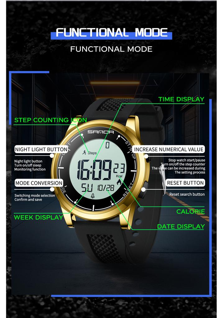 SANDA Digital Watch Men Sport Male Electronic Wristwatch Luxury LED Stopwatch Alarm Calorie Step Counter Waterproof Clock 9064