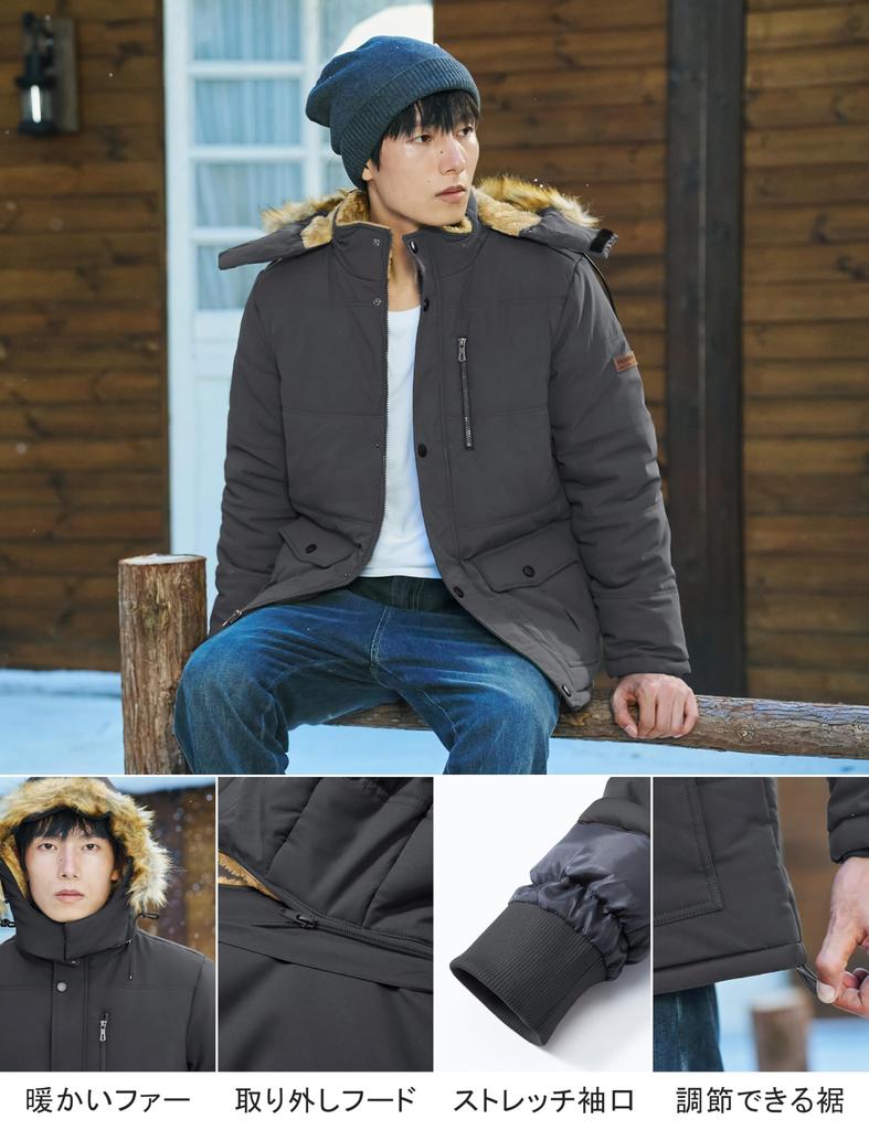 Veste d'hiver matelassée KEFITEVD avec polaire et design pour l'extérieur et le noir Taille M Col de style militaire pour homme, hydrofuge, fermeture éclair Snowboard,