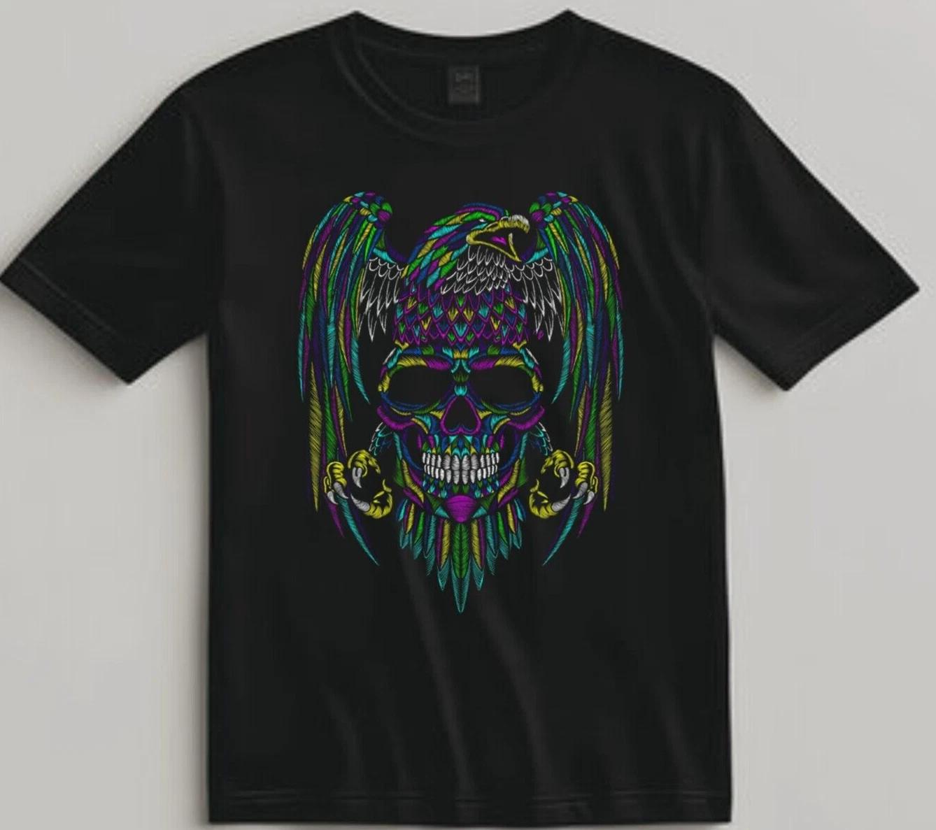Skull Eagle Spirit Shirt Neon Tribal Art Graphic Tee for Biker Gothic Men S