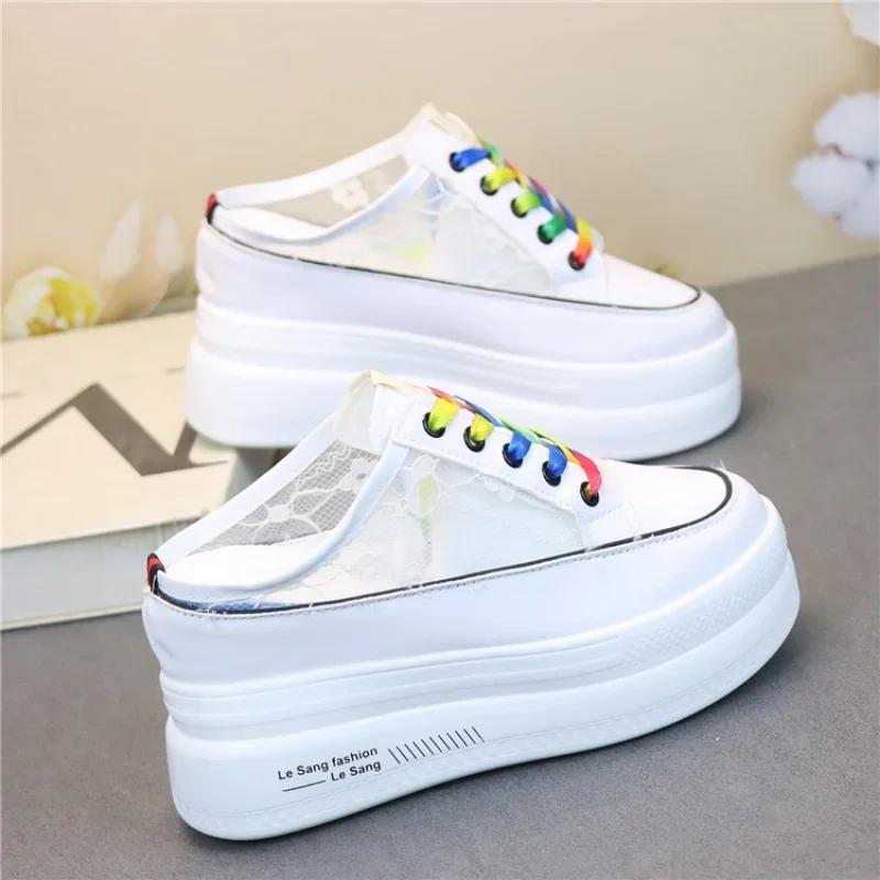 Fashion Summer Thick-soled Inner Heightening Half-drag Canvas Shoes Women's Muffin  A Pedal Lazy Shoes Women Casual Breathable Slippers