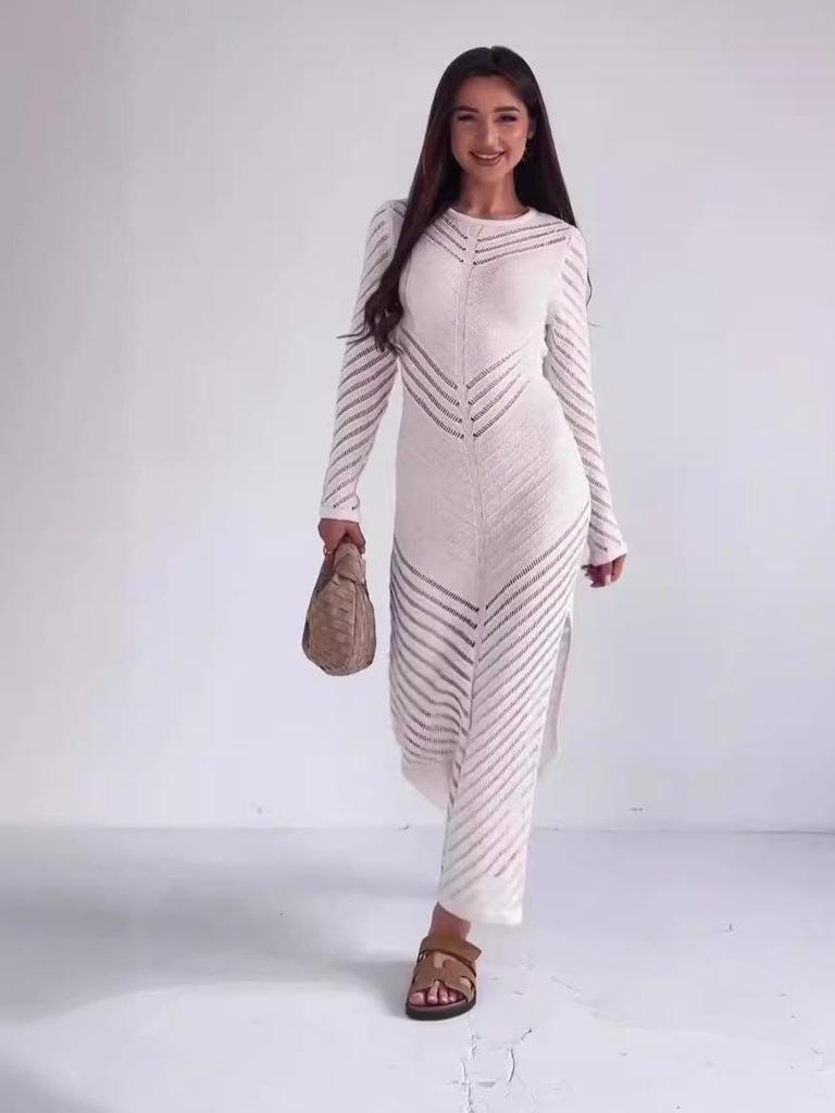 2024 Herbst Damen Einfarbig Durchsichtig Rundhals Sexy Bodycon Kleid