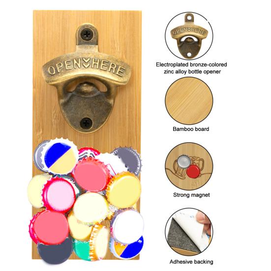 Bamboo Magnetic Bottle Opener, Wall Mount Beer Cap Catcher with Strong Magnet, Rustic Wood Fridge Opener for Home Bar