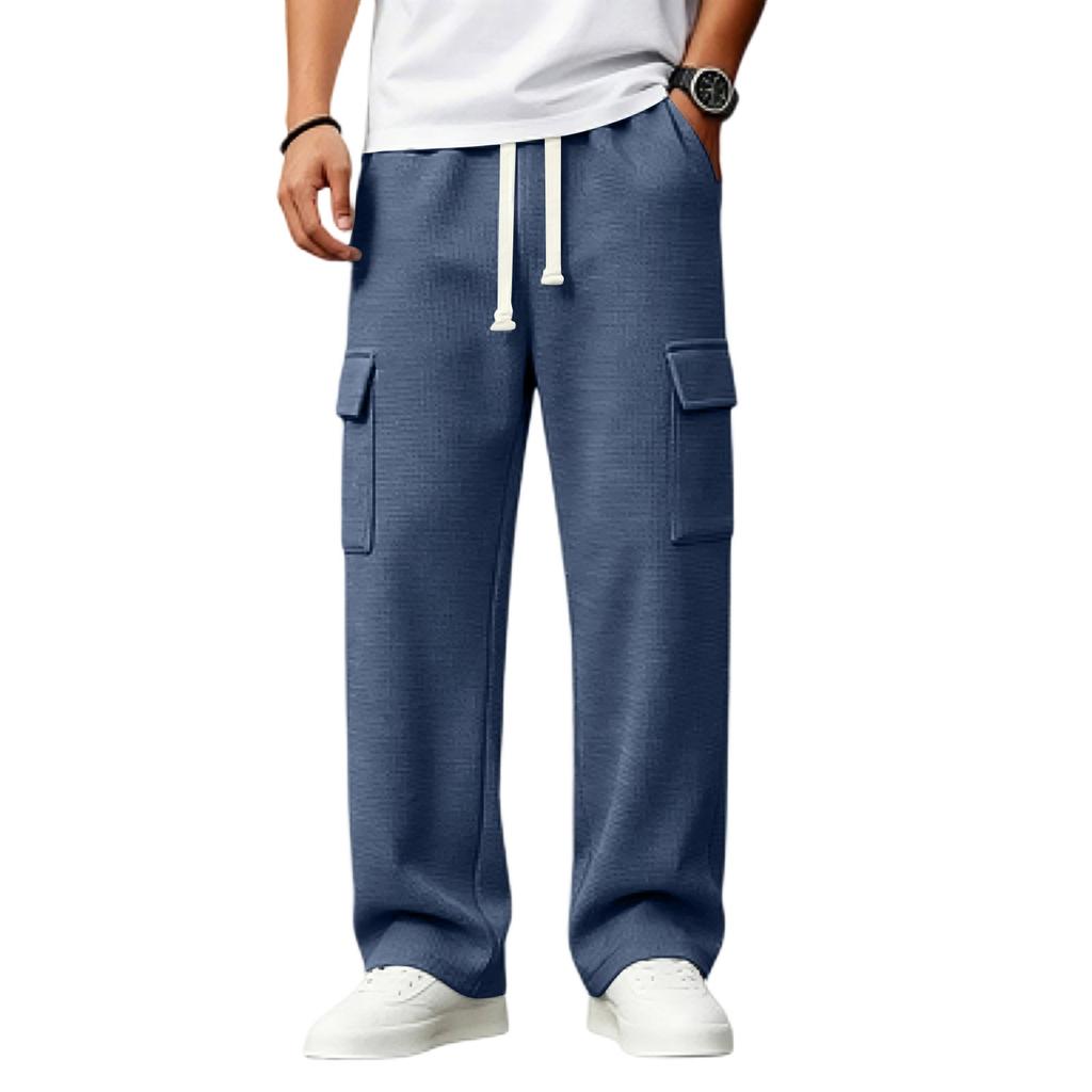 Men's Knit Cargo Pants Loose Fit Multi-Pocket Casual Pants with Drawstring Elastic Waist for Daily Wear