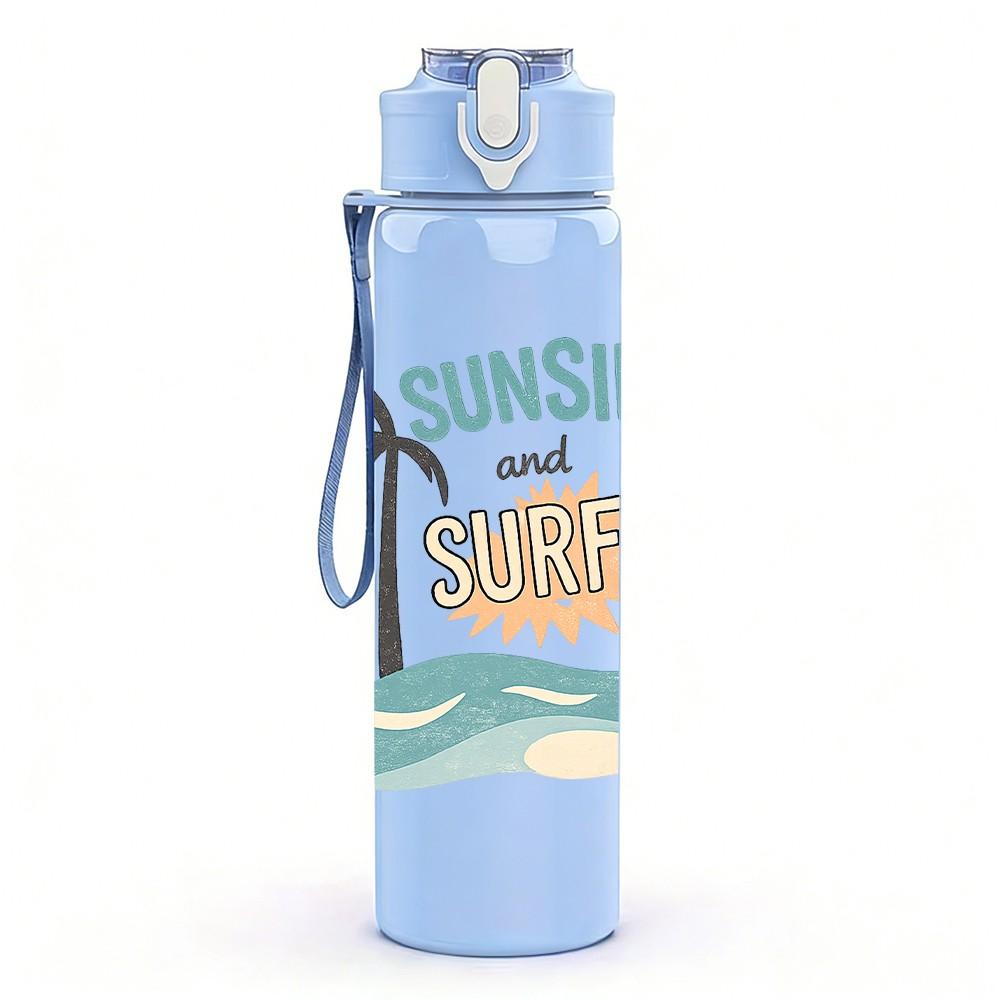 1PC Sunshine Palm Beach Summer Vacation Print 750ml Color Plastic Sports Water Bottle Leakproof Flip Straw Lid Suitable for Sports Office Home Use