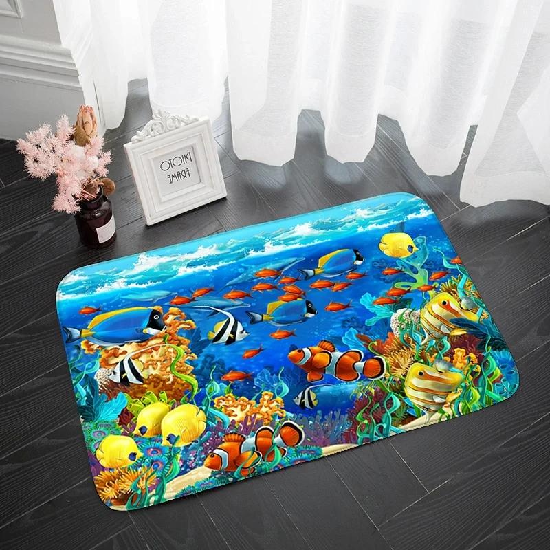 Modern Area Rug Kitchen Mat Anti-slip Underwater World Dolphin Absorbent Bath Mat 3D Print Long Bedroom Entrance Doormat Tapis
