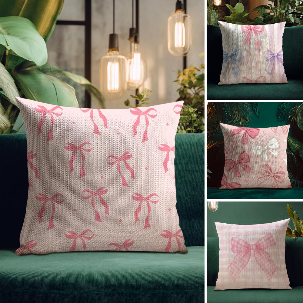 Pink Bow INS Cushion Cover Natural Linen Pillow Case DoubleSided Print Decorative Sofa Pillowcase Home Decor Gift