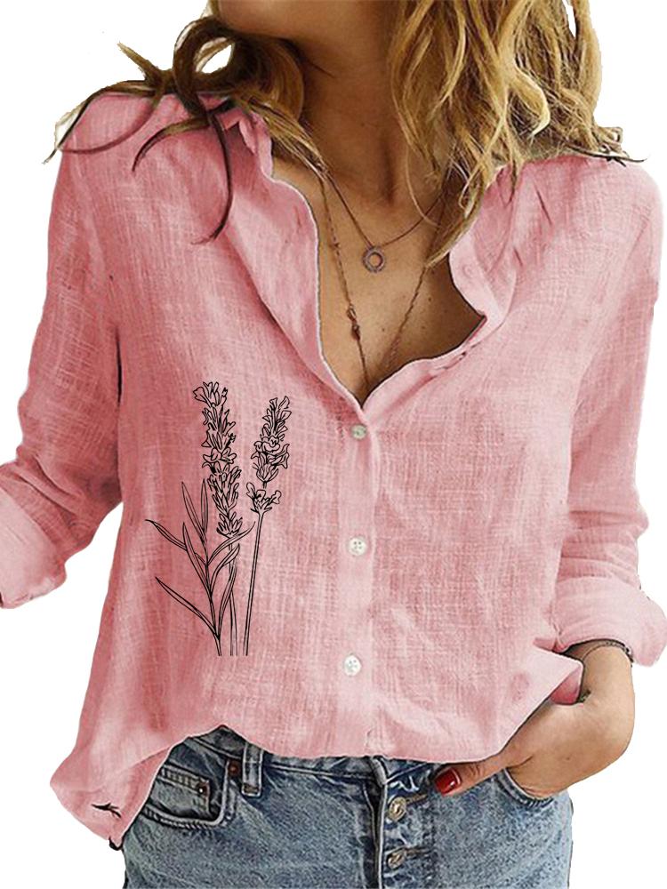 Women Fashion Long Sleeve Shirt Loose Cotton Linen Top Ladies Casual Print Blouses