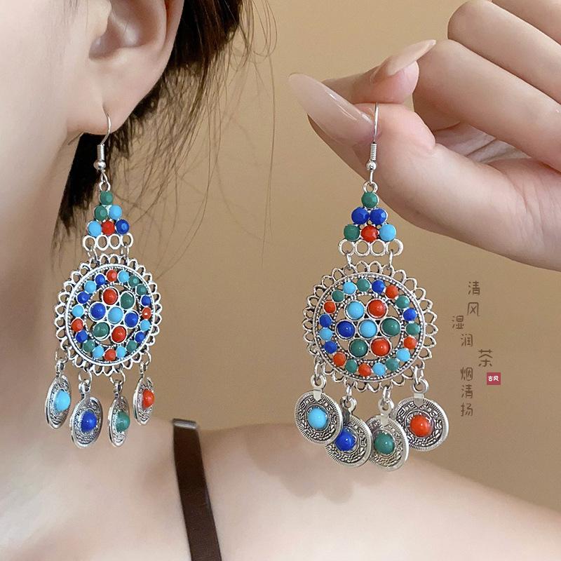 Náušnice s třásněmi ve tvaru kapky vody s dřevěnými korálky Silver Needle Etnický styl Retro Jednoduché puzetové náušnice Temperamentní náušnice Dámské Niche