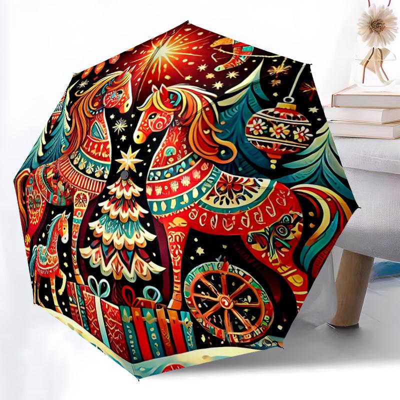 1pc Horse Christmas Automatic Folding Umbrella, Lightweight Retractable Compact Travel Umbrella, 8-Rib Sturdy Frame145