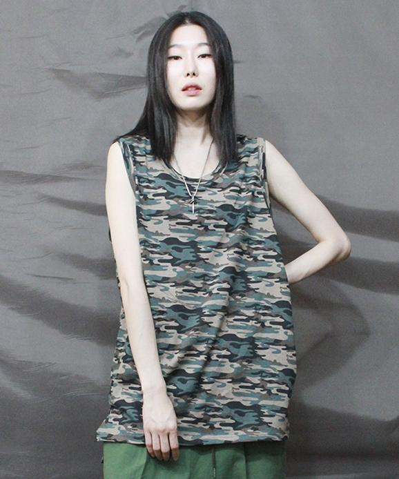 Deumakeu Camo Layered Slit Long Sleeveless