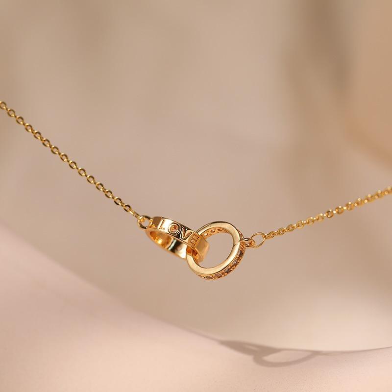 Interlocking Double Ring Gold Plated Zircon Light Luxury Simple Clavicle Necklace For Women