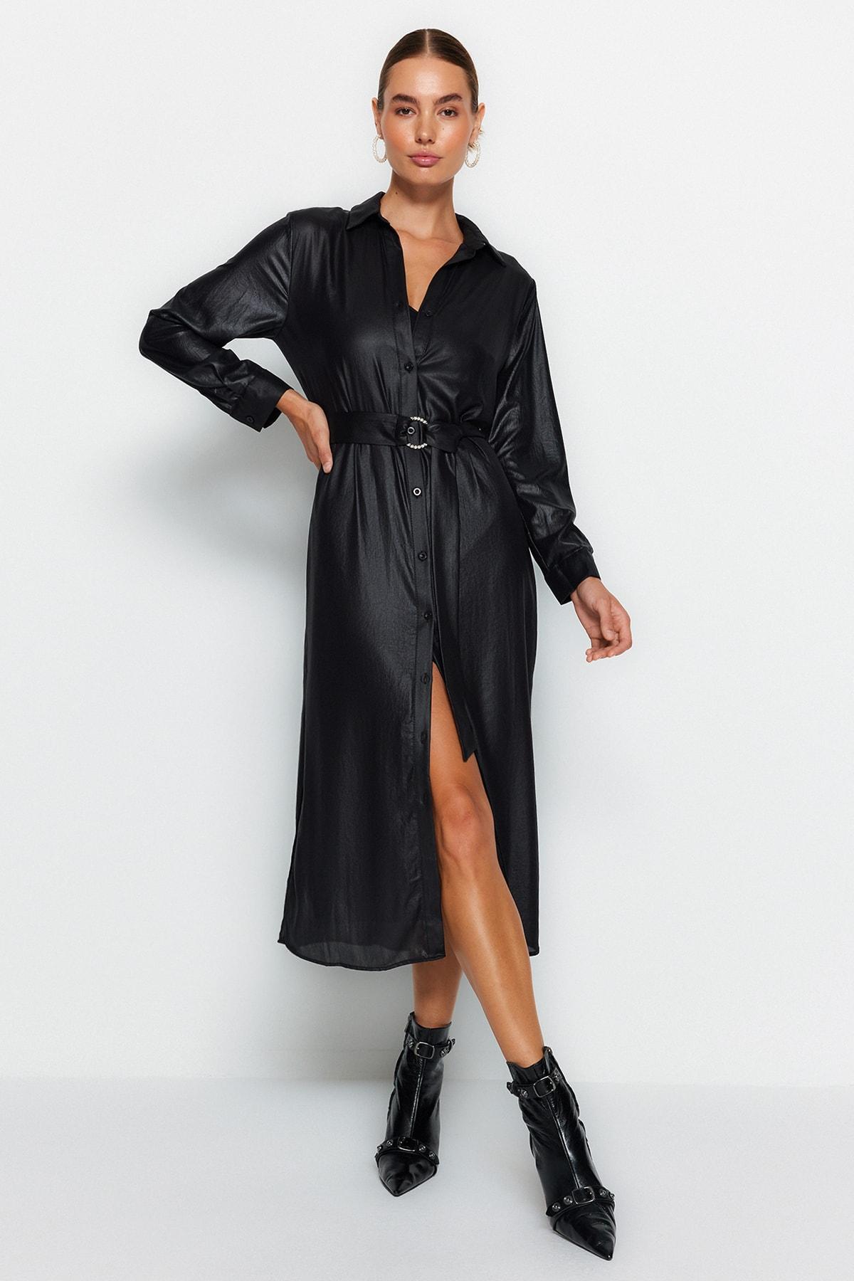

Women s Fashion New Dress Black Belted Maxi Woven Shirt Dress XS чорний