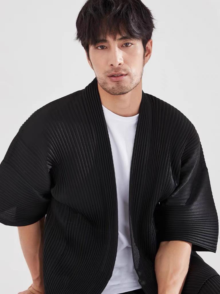 Men’s Loose Fit Pleated Five-Sleeve Jacket, Spring-Autumn, Plus Size, Japanese Style Dōha