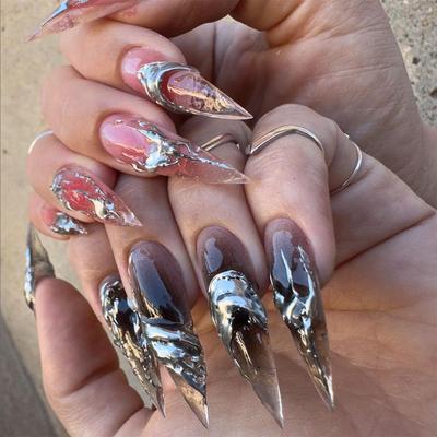 Unghii false lungi, cu vârf 3D, argintii, europene și americane - Nail Art populară transfrontalieră