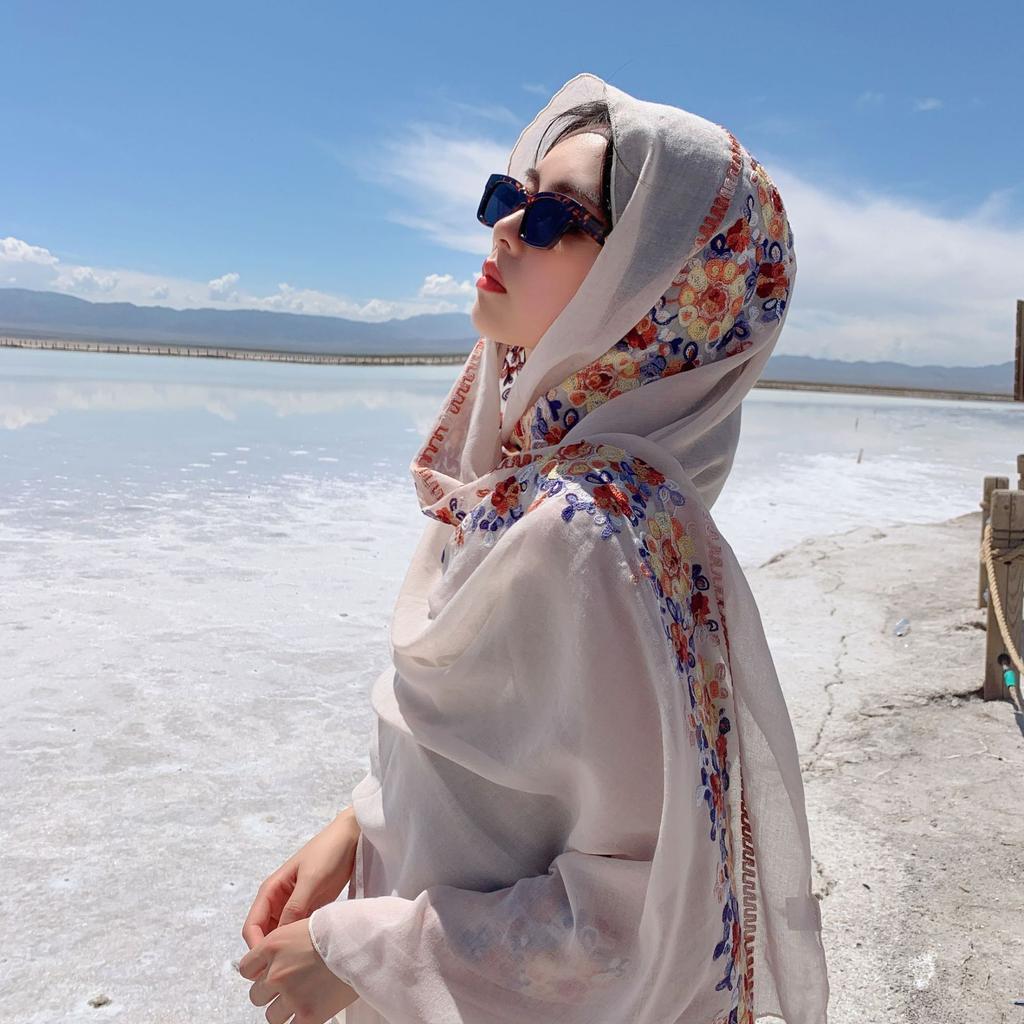 Women Shawl Travel Embroidery Retro Cotton Linen Hijab Sun Protection Warmth Sunshade Beach Cape Desert Cape Bohemian Scarf
