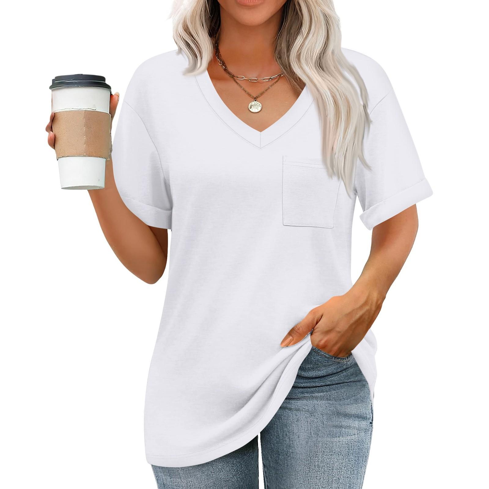 

Женские топы с V-образным вырезом и коротким рукавом Блузки Повседневные модные принты Туники Топы с карманами M белый