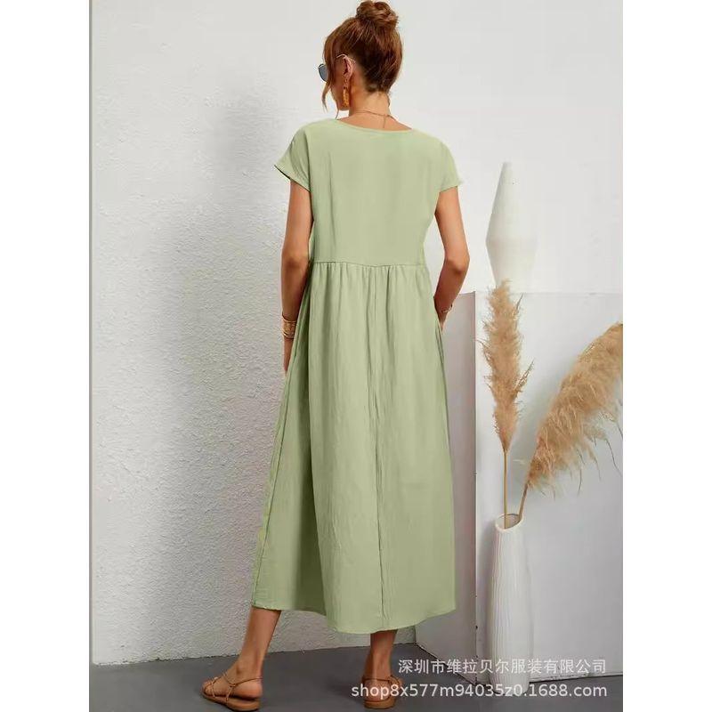 Short-Sleeve Pocket Women's Dress Short Sleeve Loose Pockets round Neck Pleating Dress
