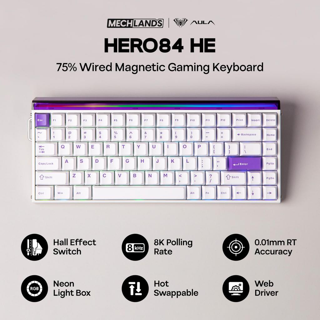MechLands Aula Hero84 HE Wired Magnetic Gaming Keyboard with Rapid Hole Adjustable 8kHz Sound RGB Lightbox Backlight Effect, 0.01mm Actuation,