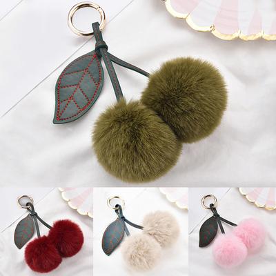 1PC Plush Ball Jewelry Faux Fur Keyring Cherry Women Key Chain Cute Pendant PomPom