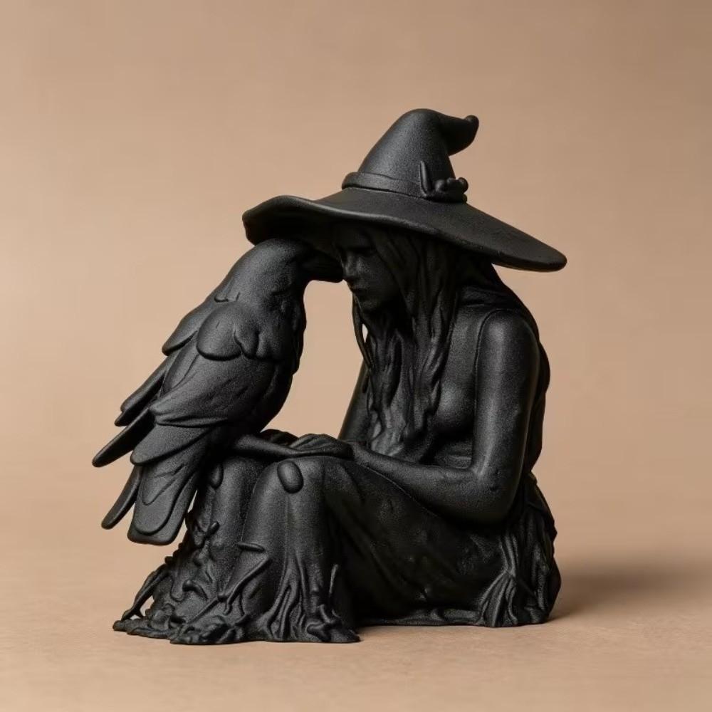 Desk Ornaments Witch Crow Statue 3D Printed Halloween Decoration Witch Sculpture Home Decor