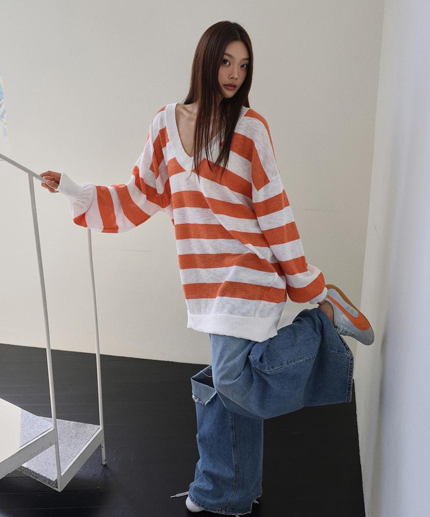 LANGER [Plc] Boxy Stripe V-Neck Knit_2Colors