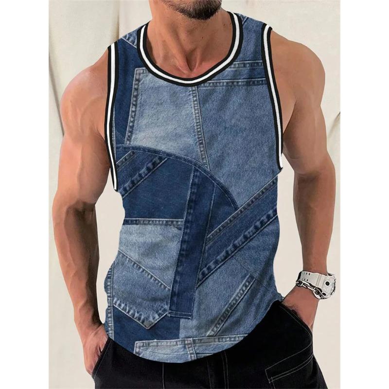 

Retro Denim Patchwork Graphic Men s Tank Tops Summer Fashion Sleeveless 3D Printed Vest Casual Daily Tees Tops S