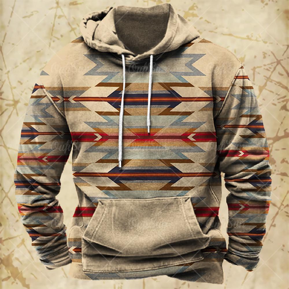 Men Hooded Vintage Print  Sweatshirt Ethnic Style Hoodie Autumn and Winter Oversized Casual Men's Clothing Daily Street Pullover