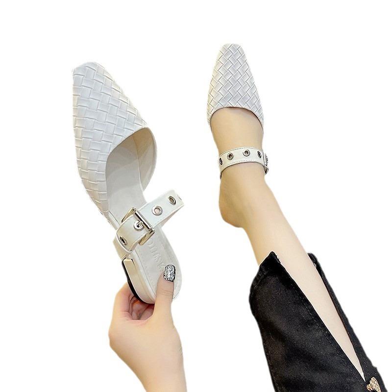 Pointed Braided Shallow Mouth Bag Head Half Slippers Women's Spring New Versatile Outer Wear One-pedal Fashion Square Heels