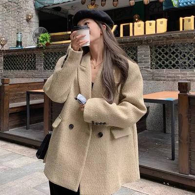 Blazer de lã retrô grande e chique para mulheres, estilo coreano de outono e inverno, estilo solto, vintage, elegante, jaqueta de terno de alta qualidade