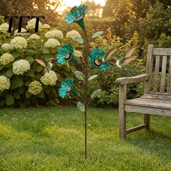 Hanging Bird Waterer for Patio Red Flower Hummingbird Feeder with Ground Stake, Metal Feeder, Backyard Wildlife Watering Station Outdoor Yard