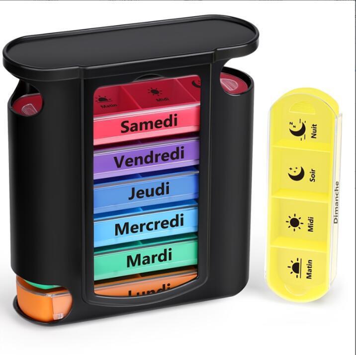 Weekly 28-Compartment Pill Organizer Box, Independent Drawers for Convenient Tablet Storage, PP Plastic.