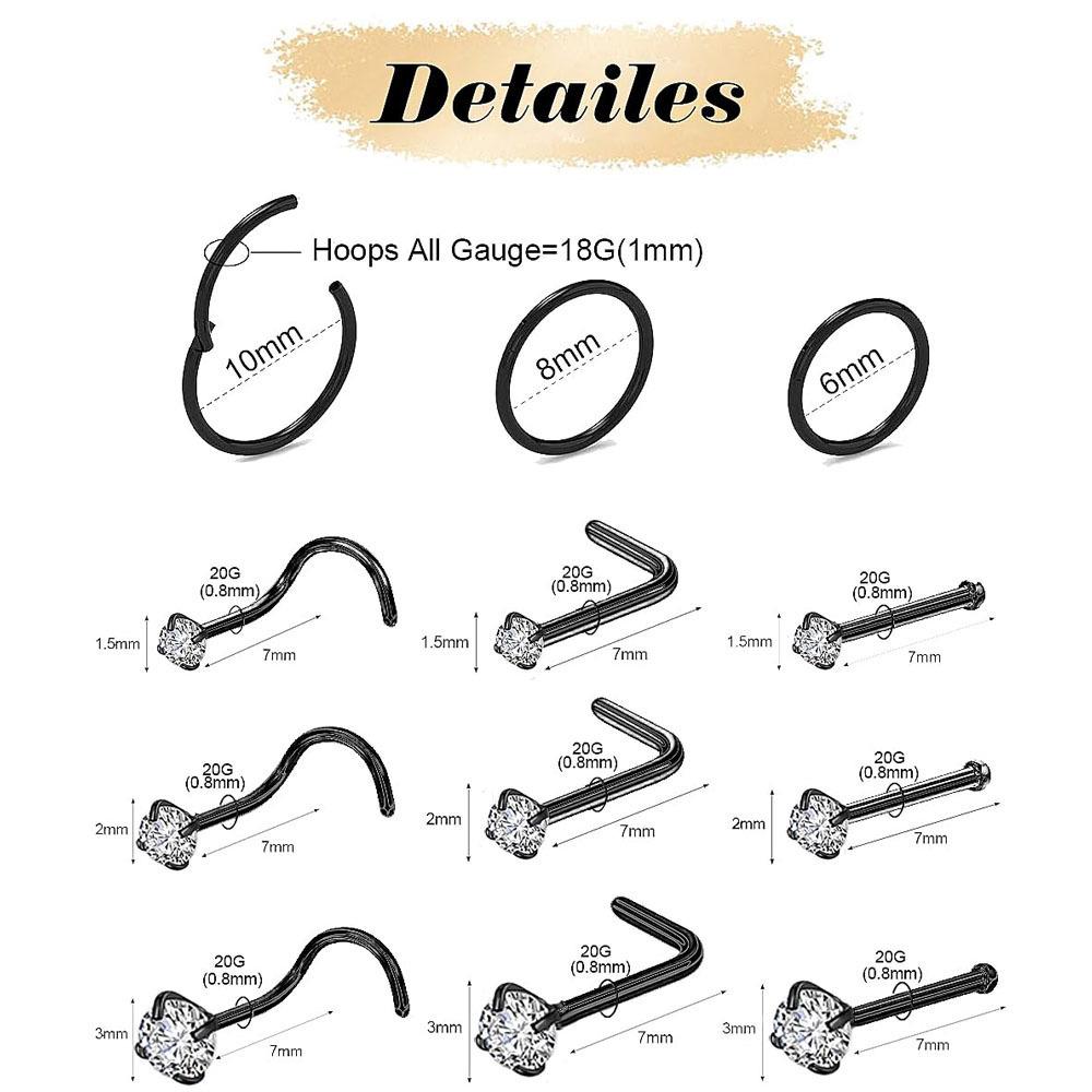12-teiliges vergoldetes Diamant-Nasenring- & Stecker-Set