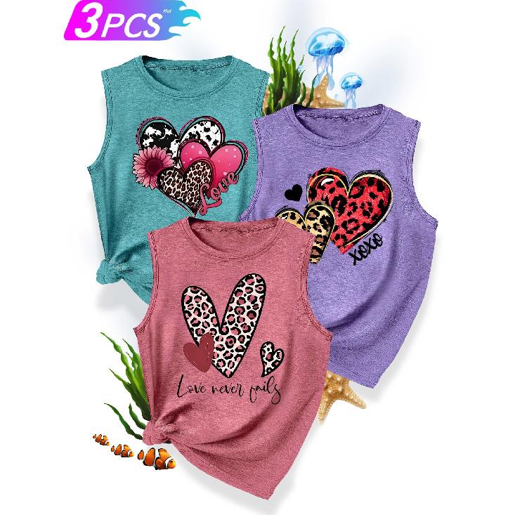 3Matching Sister Outfit Set with Heart Print, Fashionable, Simple, Fresh, Casual Sporty Style for Spring and Autumn, Round Neck Tank Top, Available