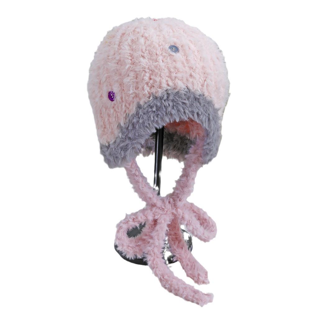 Neue mehrfarbige Knopf-Plüsch-Wollmütze, Ohrenschützend, Warm, Modisch und Vielseitig, Strickmütze, Niedliche und Gesichtsform-verbessernde kleine Schneemütze