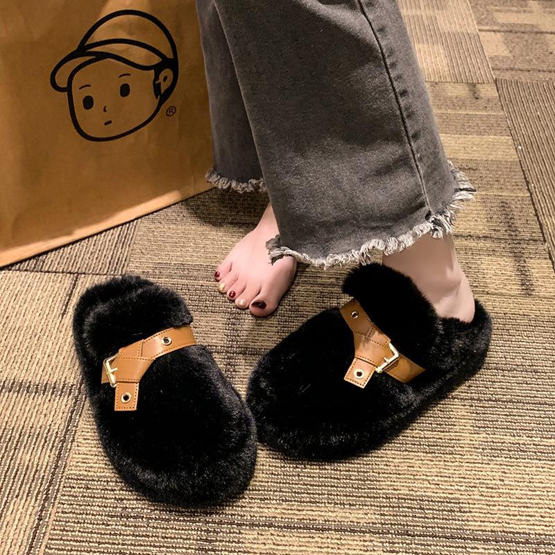 Flauschige Hausschuhe mit dicker Sohle für Damen zum Tragen 2024 neuer Zehenbereich, Samt zum Warmhalten, niedliche Windgürtelschnalle, Baumwollhausschuhe für zu Hause