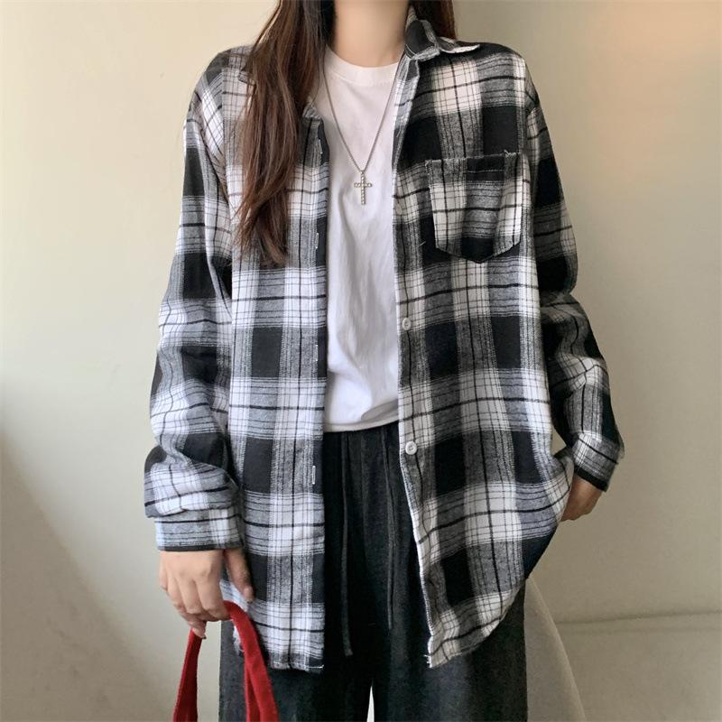 1116 New Spring and Autumn Design Plaid Shirt Jacket Women's New Loose Casual Meat Cover Medium and Long Shirt