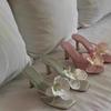 Summer New Elegant Flower Women's Slippers Casual Fashion Outside Wear Square Toe Straight Strap High Heel Non-slip Sandals