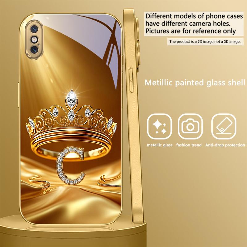 Inel Coroană Aurie Scrisoare Pentru iPhone Air 16E 15 PRO 14 13 Plus 12 mini 11 17 Pro Max XR 16 17ProMax 17Pro Carcasă Telefon Aurie din Sticlă