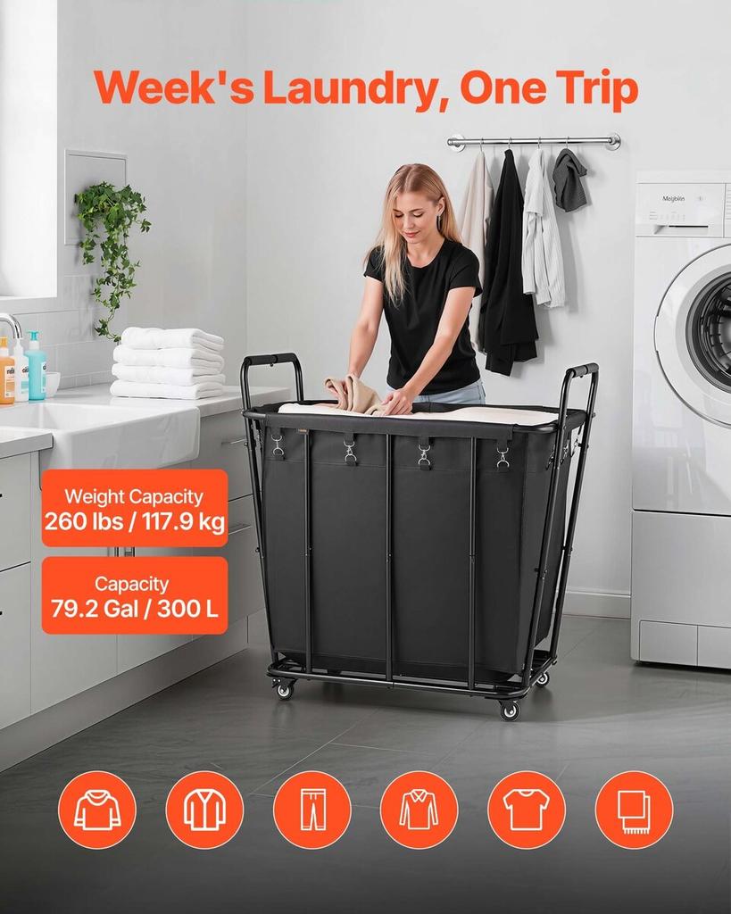 Laundry Cart, Rolling Grocery Utility Cart with Waterproof Liner & Swivel Wheels, 118 KG Large Load Capacity, Heavy Duty Shopping Basket for Laundry,