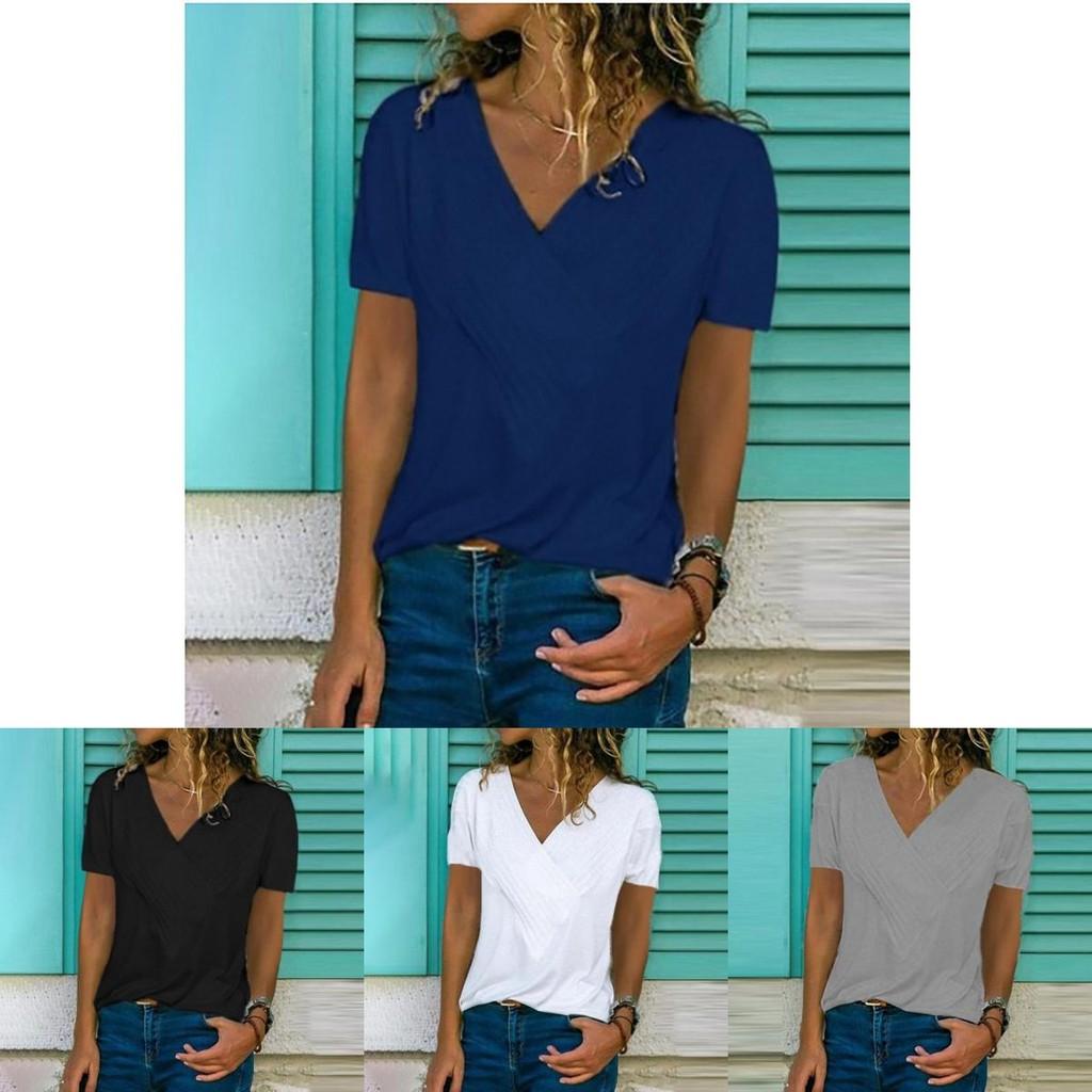 Women's V-neck Tunic Short Sleeve Loose Top T-shirt Plus Stylish Blouse Option