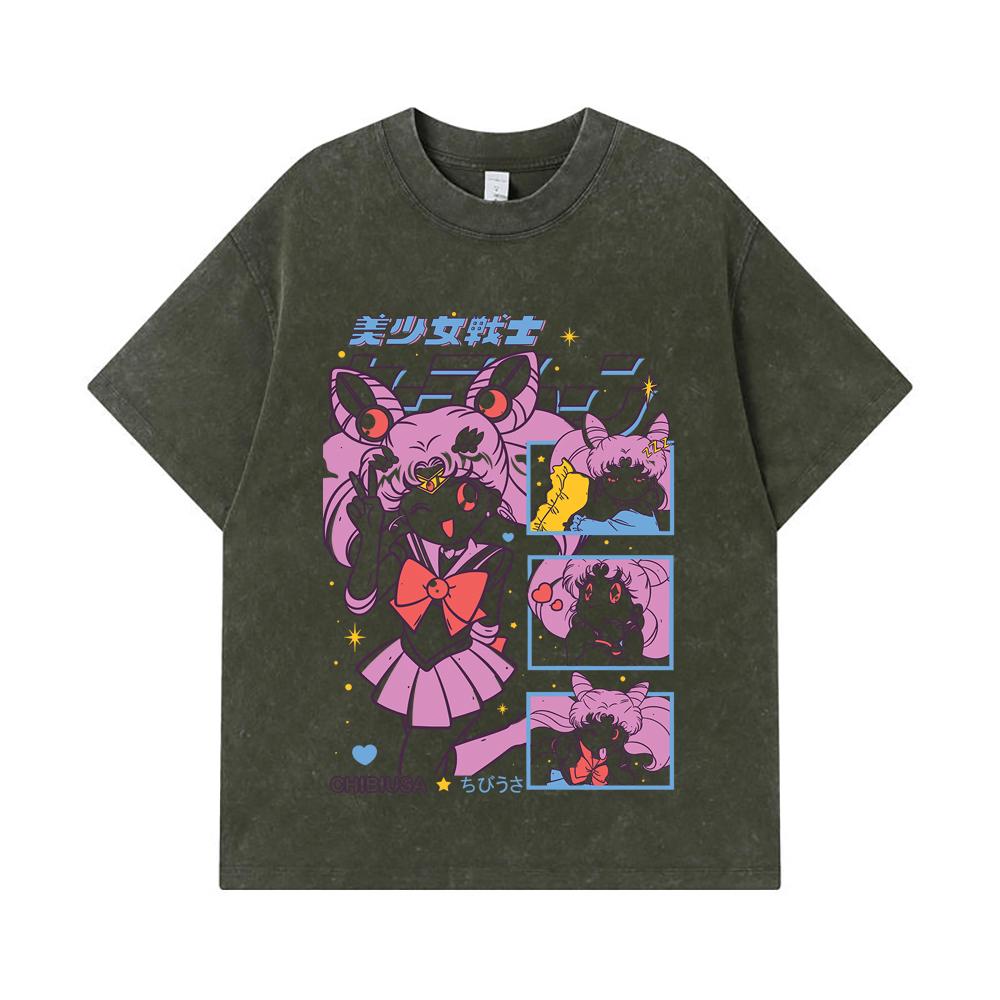 275 GSM Washed T-shirts 100% Cotton Chibiusa Print Unisex Heavy Cotton T Shirt