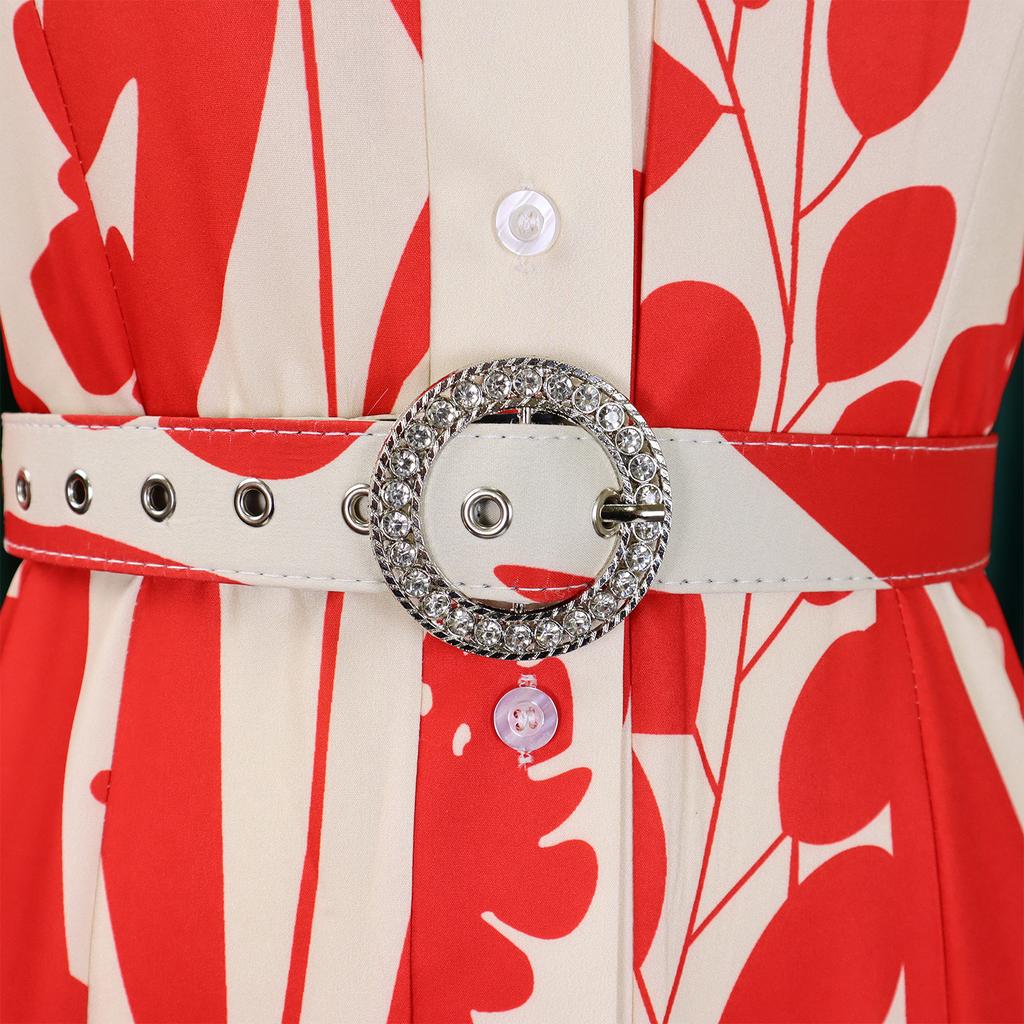 YYFS Damenmode Frühling Herbst Blumenmuster Druck Langarm Polokragen Hohe Taille Freizeitkleider