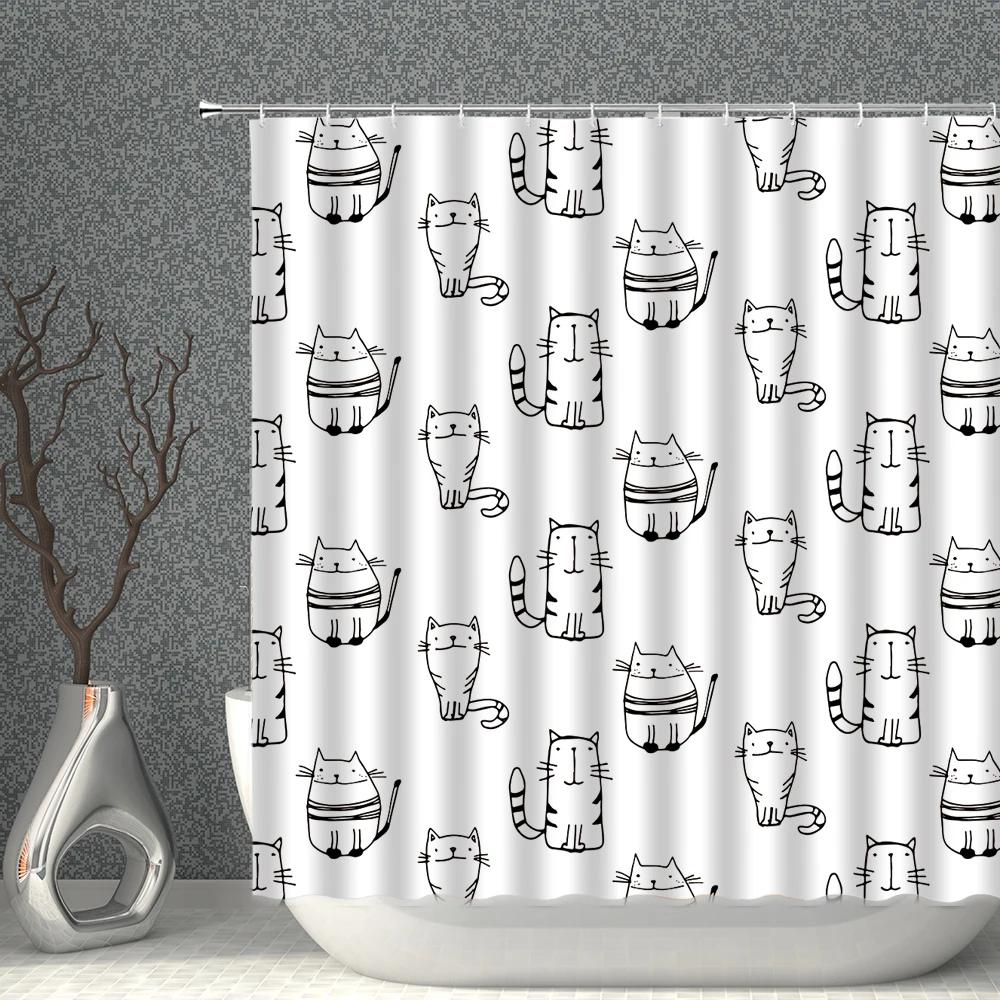 Cartoon Cat White Shower Curtain Waterproof Pattern Print Polyester Bath Curtains Multi-Size With Hooks Bathroom Screen Decor