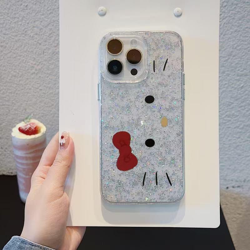 Cute Glitter Cat Bow Phone Case for iPhone 16 Pro Max, Kawaii Bling Sparkle Protective Cover iPhone 16