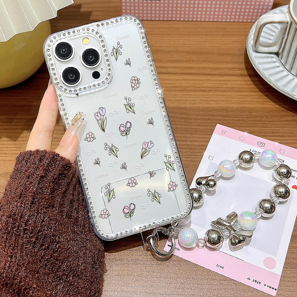 Bracelet Chain Phone Case For iPhone 17 16 15 13 14 for 17Air 17 12 14 16 Pro 17 14 16 Pro Max Sparking Diamond Cute Pattern Hard Cover With Lanyard