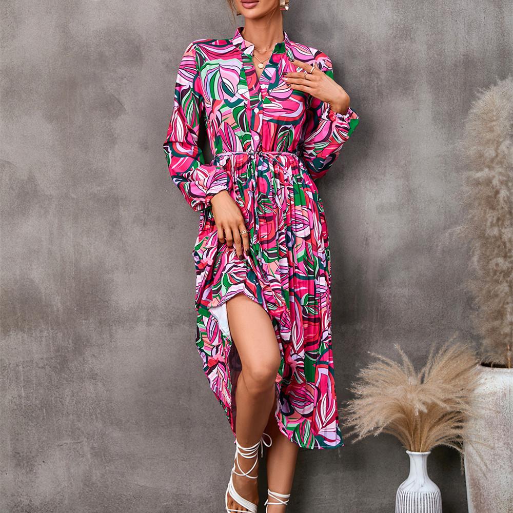 QICED Women's Fashion Autumn Winter Floral Print Long Sleeve V-Neck Casual Dresses