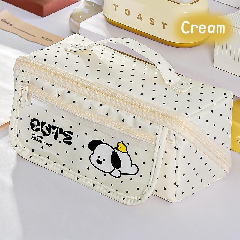 Cute Plaid Puppy Large Capacity Pencil Case Multi-Function Cartoon Stationery Bag with Prism Design Stain Resistant