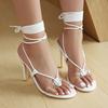 Women Heeled Black White Sandals Dressy Wrap Bandage Summer 2025 Shoes PVC Simple Footwear